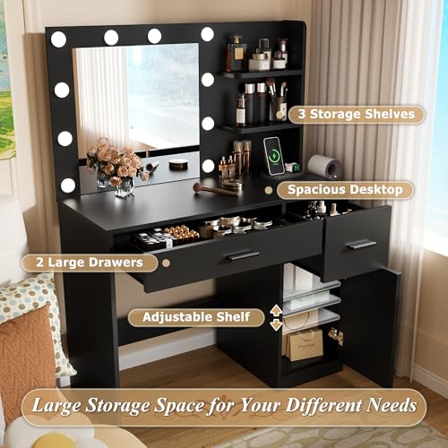 Image of Furmax Vanity Desk with Lighted Mirror 3 Modes & Power Outlets, Makeup Vanity Table with Drawers, Cabinet and Open Shelves, for Bedroom & Dressing Room (Black)