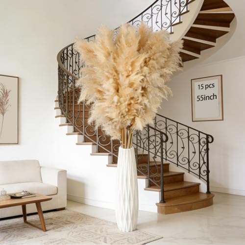 55inch 15pcs Tall Pampas Grass for Floor Vase-Dried Pampas Grass Decor Tall Brown Large Pompas Grass Floral-Long Fluffy Pompas Grass for Living Room Farmhouse Entryway Wedding and Boho Home Decor