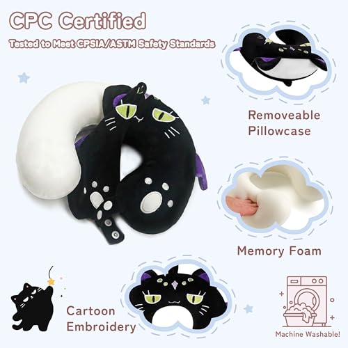 Image of Kids Travel Neck Pillow for Ages 3-8, Memory Foam, Removable Cover, Cat