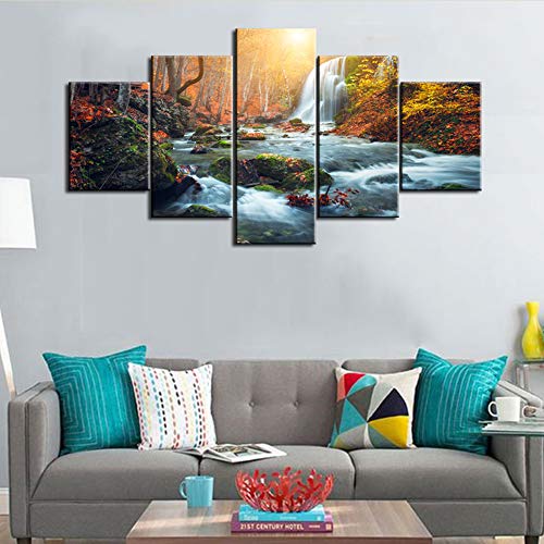 5 Pcs Canvas Wall Art - Beautiful Waterfall At Mountain River In Colorful Autumn Forest With Red And Orange Leaves At Sunset. Nature Landscape Picture- Canvas Art Wall Decor Ready To Hang -60"W X 32"H #TOP2