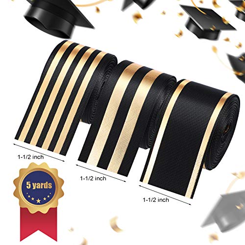 3 Rolls 1-1/2 Inch Christmas Striped Grosgrain Ribbons 5 Yards Wide Striped Grosgrain Fabric Ribbons For Xmas Graduation Home Party Wrapping Crafts Decoration, 3 Styles (Black And Gold) #TOP2