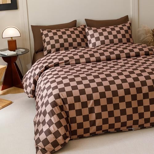 Houseri Brown Plaid Comforter Set King Chocolate Coffee Color Chessboard Bedding Sets Mocha Buffalo Checkered Bed Quilt Blanket King by Houseri - Image 2
