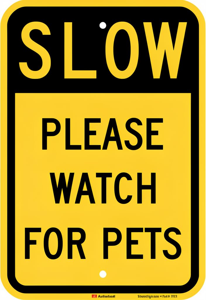 peiyeety Slow Please Watch for Pets Tin Sign 12x8 Inch, Yellow & Black Caution Metal Wall Decor Plaque, Safety Reminder Sign for Driveway, Yard, Garage, Porch, Home & Pet Lover Gift