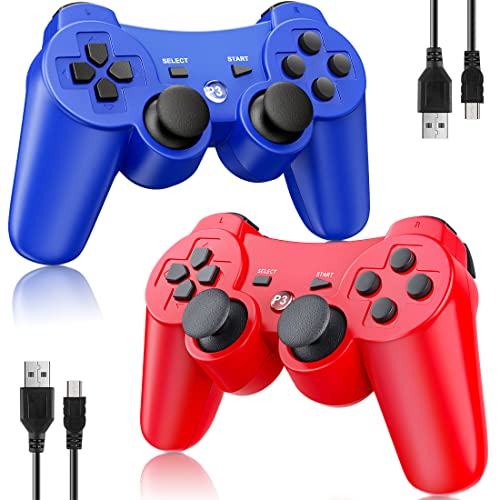 OKHAHA Controller for PS3 Controller Wireless for Sony Playstation 3 Controller, Double Shock 3, Rechargeable, Motion Sensor, Remote for PS3, 2 USB Charging Cords, 2 Pack, Blue + Red