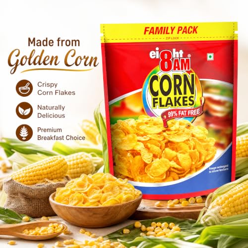 Image of 8AM Corn Flakes Family Pack 1kg, 92% Corn, 99% Fat Free, No Cholesterol, Trans Fat, Vitamin B3 & Iron, Crunchy & Nutritious Whole Grain Breakfast Cereal