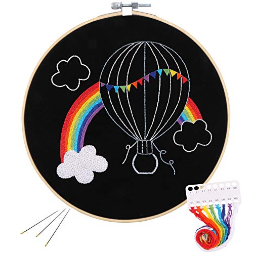 Full Range of Embroidery Starter Kit with Pattern, Kissbuty Cross Stitch Kit Including Embroidery Cloth with Pattern, Bamboo Embroidery Hoop, Color Threads and Tools Kit (Rainbow Hot Air Balloon)