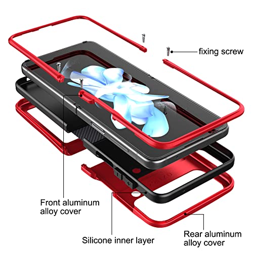 Foluu For Samsung Galaxy Z Flip 4 Case, Metal Phone Case With Hinge Protection, Aluminum Shockproof Frame Case Soft Rubber Silicone Military Heavy Duty Hard Case For Galaxy Z Flip 4 5G 2022 Red #TOP3