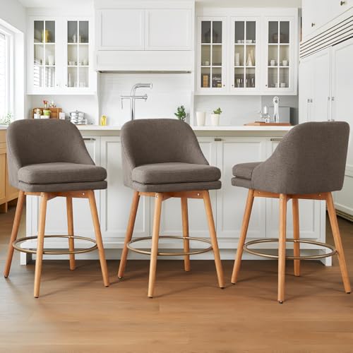 Image of kinmars Modern Bar Stools Set of 2,Swivel Counter Height Bar Stools with Soft Upholstered Back,Thick Seat,Wooden Legs, 27 inch Counter Stools for Kitchen Island (Brown, 3 Pieces - 27 inch Counter Height)