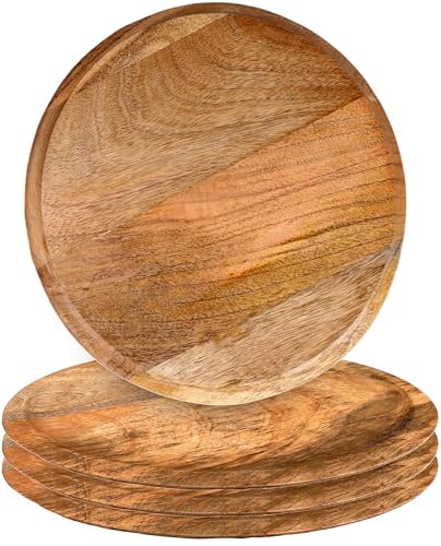 CLEENTABLE 9 Inch Mango Wood Appetizer Plates Set of 4, Handcrafted Round Serving Plates for Snacks, Desserts, Parties, Dinners, Rustic Wooden Charger Plates, Lightweight and Durable