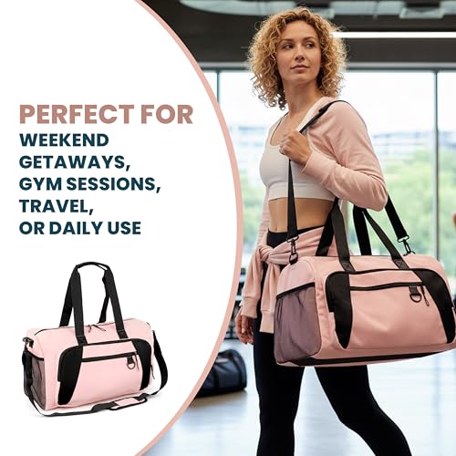 Image of Storite Nylon 50.5cm Travel Duffel Bag for Men & Women with Dry & Wet Pocket, Lightweight Water Resistant Luggage Bag with Shoe Compartment (Pink, 50.5x23x28cm)
