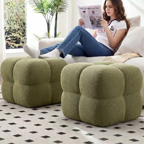 Image of Zesthouse Square Pouf Ottomans Footstool Set of 2, Upholstered Poofy Ottoman for Couch Sofa, Modern Vanity Chair Backless for Living Room, Green Boucle Stool Foot Rest, Fabric Ottoman Coffee Table