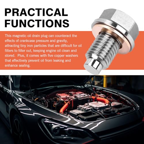 Image of M12 x 1.5 Magnetic Oil Drain Plug, Magnetic Stainless Steel Oil Pan Drain Nut Bolt with 5 PCS Copper Crush Washer Anti Leakage, Universal Leak-proof Replacement,Fits Most Cars, Motorcycles, Boats