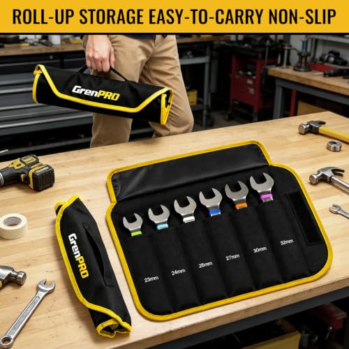 Image of GRENPRO 23-32MM Large Metric Wrench Set, Combination Open End Wrench Sets | Color Rings, Roll Up Pouch, CRV Steel, Nickel Rust-Proof Coating, Free Gauge for Quick Size Matching