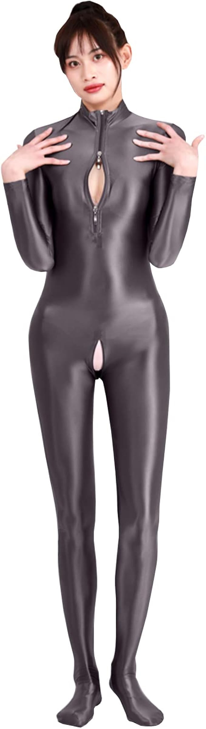 Amazon Co Jp Befasy 超光沢 長袖 全身タイツ ハイネック ボディタイツ 高弾性 頭出し 全身タイプ セクシー シースルー レオタード ジッパーオープンクロッチ ボディスーツ キャットスーツ ホビー