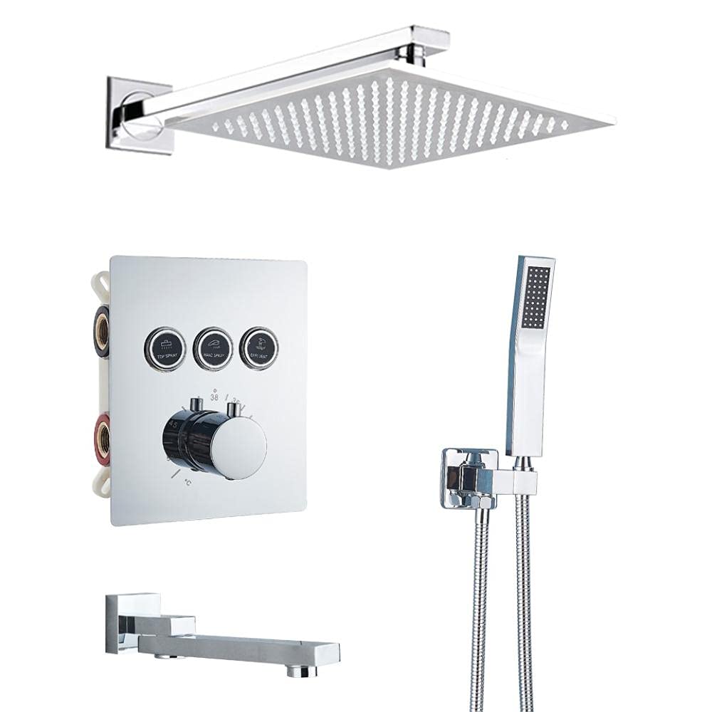 Yniyujkl Thermostatic Bathroom Shower Faucet Rainfall Shower Head Wall Mounted Bathtub Mixer Tap Bath Shower Set Wall Chrome-3-Way-16-Inch Wall,3-Way-16-Inch Wall