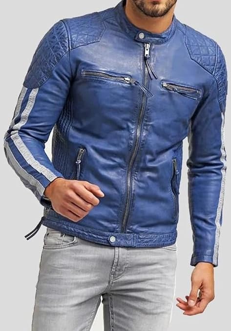 Men Blue Leather Jacket - Striped Waxed Biker Motorcycle Sheepskin Leather Jacket3