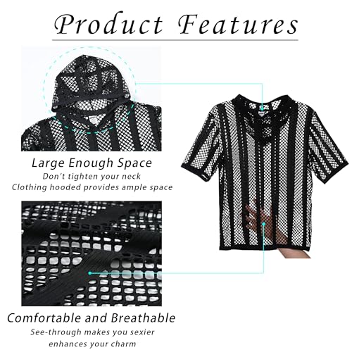 mens sexy mesh top rave see through shirt men black sheer top fishnet hoodie Sexy Club Party Wear3
