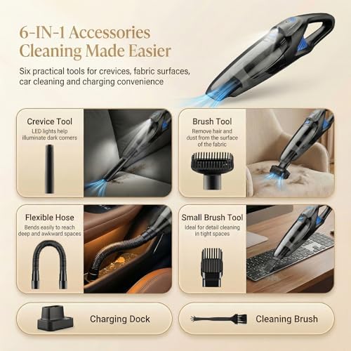 Image of Handheld Vacuum Cordless, 25000Pa Powerful Suction Car Vacuum Portable Cordless with 8000mAh Battery & LED Light, Hand Held Vacuum Rechargeable with HEPA Filters, Home, Car Seats, Pet Hair Blue