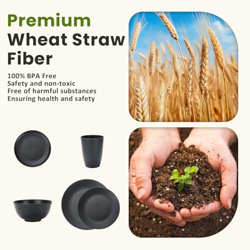 Image of Homienly 40-Pieces Wheat Straw Dinnerware Set, Kitchen Plastic Wheat Straw Dinnerware Set - Service for 8, Unbreakable Lightweight Dish Set for Kitchen, Camping - Plates Set, Bowls, Cups Set(Black)
