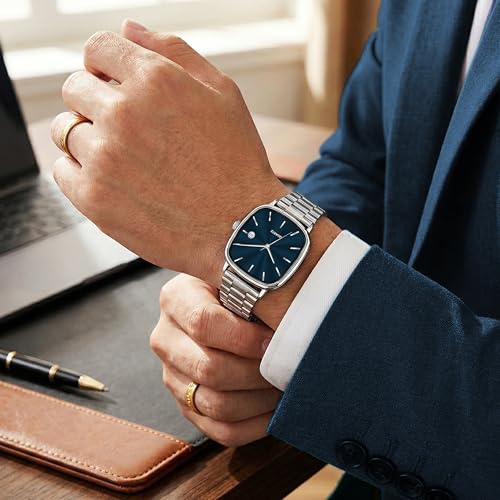Image of Acnos Luxury Square Dial Quartz Watch for Men & Women - Stainless Steel Bracelet, Minimalist Analog Wristwatch with Date Window Pack of 1