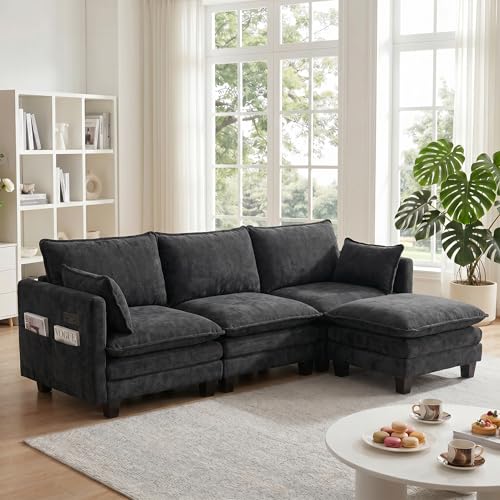 Image of 110.4 inch L Shaped Modular Sectional Sofa, Comfy Upholstery Chenille Cloud Couch with USB, Modern 4-Seat Deep Seat Sofa with Ottoman for Living Room, Apartment, Black