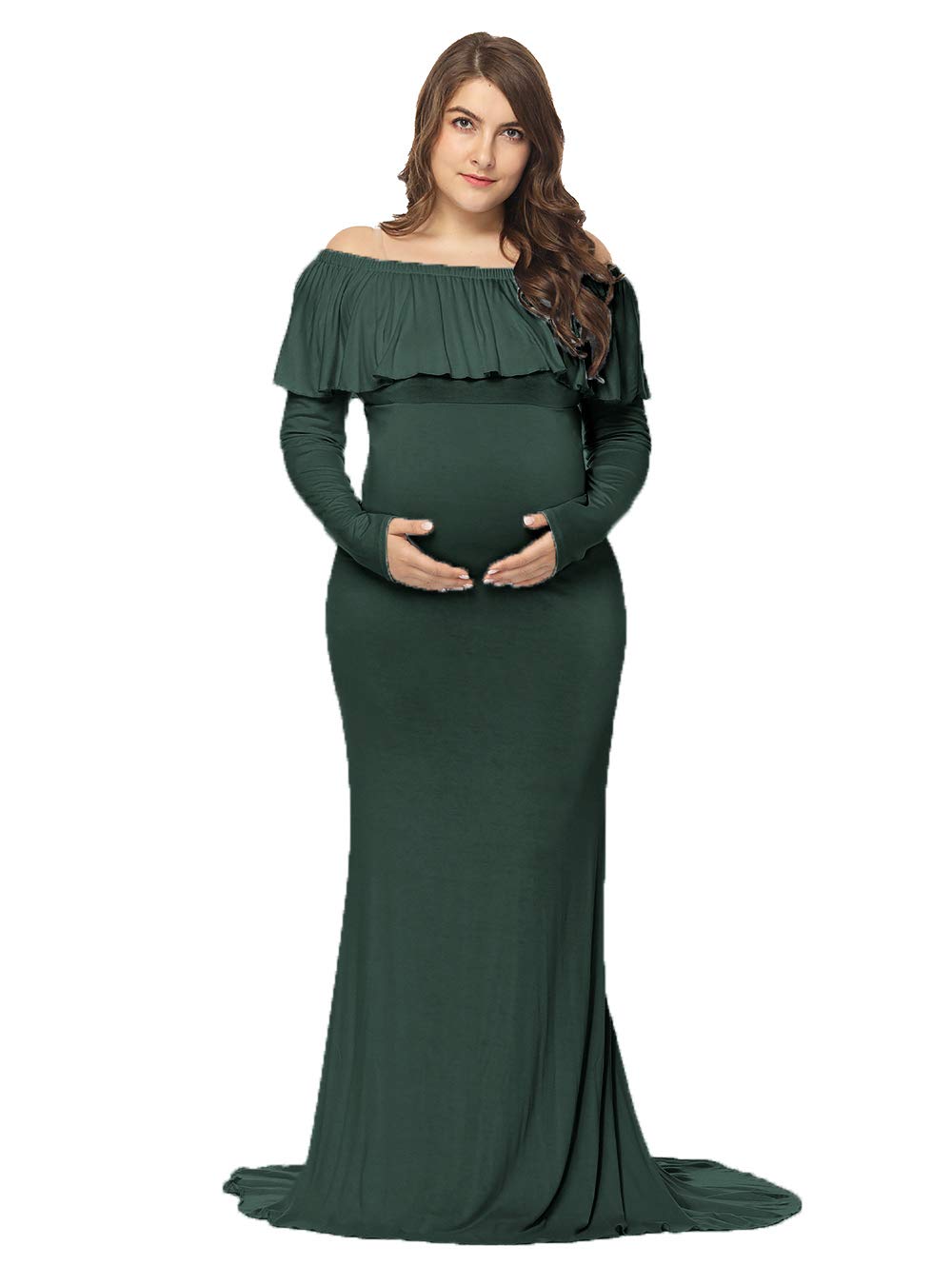 JustVH Maternity Fitted Elegant Gown Long Sleeve Off Shoulder Ruffles Maxi Photography Dress for Photoshoot