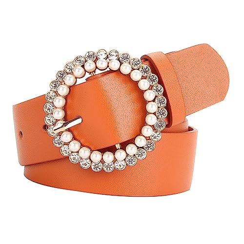 Leadigol PU Leather Pearl Belt, Vintage Round Buckle Women's Belt, Faux Leather Jeans Belt, Casual Buckle Waist Belt4