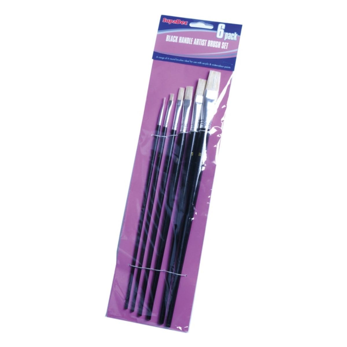 SupaDec Black Handle Artist Brush Set – Pack of 6 | White Bristle Art Paint Brushes for Acrylic & Watercolour | Chisel-Edged Flat Ferrule Brushes | Ideal for Detail – Craft & Fine Painting