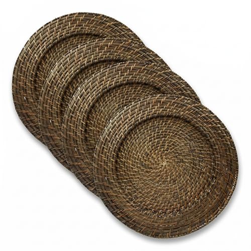 ChargeIt by Jay Rattan Plate Chargers - Round Rattan Placemat, Woven Natural Chargers for Dinner Plates - Stylish Premium Charger Set for Weddings, Banquets, Upscale Events - Brown, 4 Set