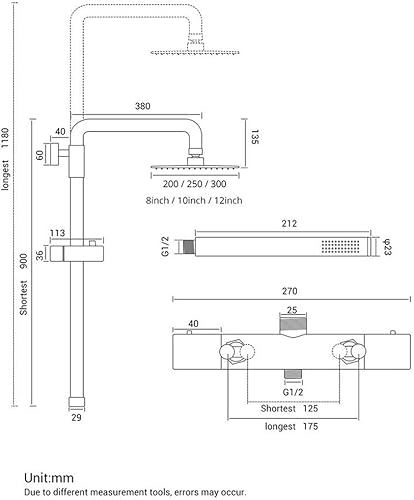 Miniatura 8 de Mixer Shower Set Shower System, Thermostat Matt Black Mixer Brass Diverter Shower Set Bathroom Wall Mount Arm Diverter with 8-12 Inch Round Rainfall