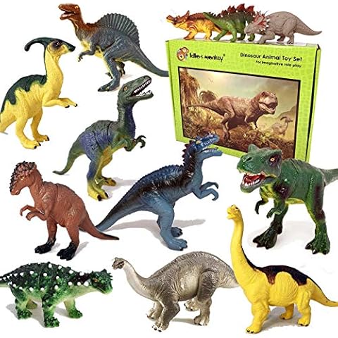 Lello and Monkey Dinosaur Figure Toys for 3 Year Olds - Set of 12 Large, Plastic Dinosaurs for Kids and Toddlers Including Names for Each of the Figures on the Box Cover
