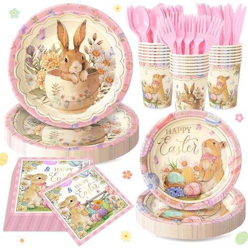Fighting to Achieve 168PCS Happy Easter Party Supplies Bunny and Eggs Paper Plates Napkins Cups and Cutlery Easter Floral Disposable Tableware for Holiday Decor Spring Wildflower Party Decorations