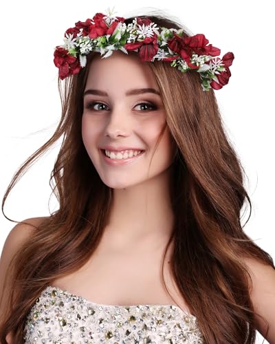 AWAYTR Flower Crowns for Women Flower Headband Adjusatble Flower Girl Headpiece Headband Fairy Crown for Bridal Wedding Festival Party Photo (Dark Red-1)