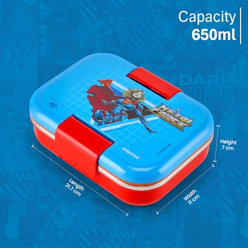 Image of Nayasa Marco Super Girl Print 2 Compartment Stainless Steel Insulated Lunch Box for Kids | Vacuum Sealed Leak Proof Tiffin Box | 650 ml | Red & Blue