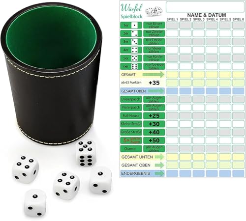 Dwitkul Juego de Dados,Set de Dados con Vaso de Piel, 5 Dado, Bloque de Juego, para Juegos de Dados para Adultos, Juego Familiar.