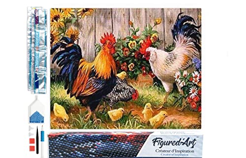 Figured'Art Kit de peinture diamant 40x50 cm carrés 5D Ferme de coqs - Toile enroulée