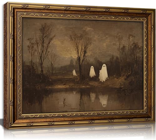 Gold Framed Vintage Ghost Landscape Wall Art, Gothic Spooky Retro Ghost Forest Canvas Print Poster, Retro Decor for Living Room Bedroom, Dark Academy Halloween Whimsical Haunted Home Decoration