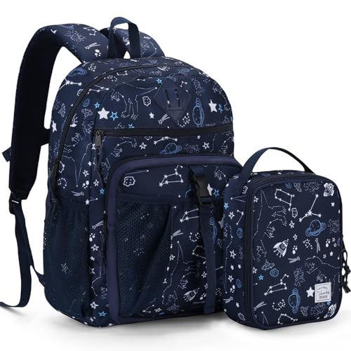 VASCHY Cartable Fille Garçon Primaire, Poches Multiples 2 en 1 Set de Sac à Dos Enfant Scolaire 6 à 9 Ans Grande Capacité Sac d'École avec Sac Repas pour Voyage Randonnée Univers Bleu