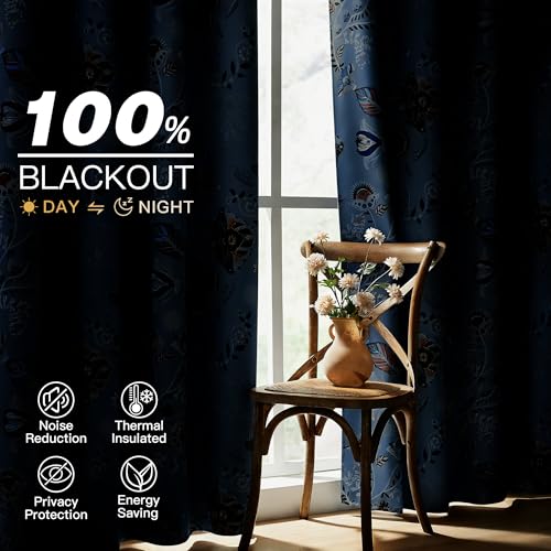 Image of XiDi Light Blue Patterned Curtains 96 Inches Long Blackout Floral Curtains | Aesthetic Pretty Drapes for Dining Room Modern Farmhouse Vintage Curtains Grommet Window Treatment Set of 2 Panels 52Wx96L