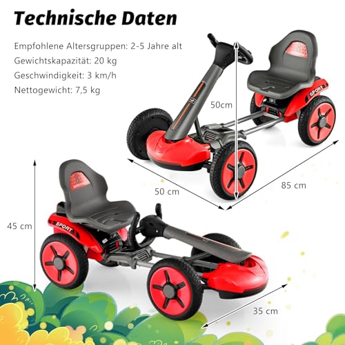 COSTWAY 12V Kinder Elektro Gokart mit LED Lichter, Go Kart mit 2-Fach verstellbarem Lenkrad & Sitz, Tretauto mit Getränkehalter, EIN-Knopf-Start, für Kinder ab 2 Jahre alt (Rot) – Bild 4