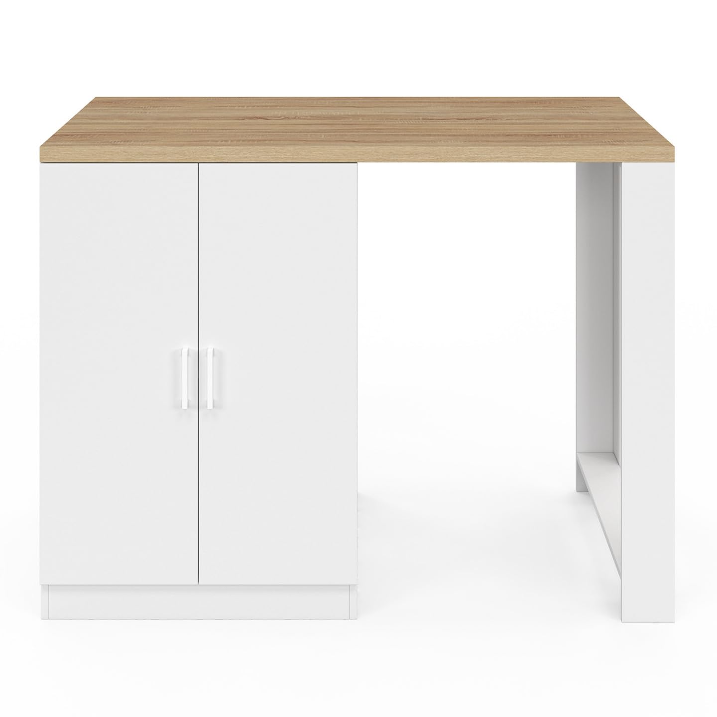 IDMarket - Ilot Central Lino 120 cm 2 Personnes Bois Blanc et Plan de Travail façon hêtre et Portes vitrées