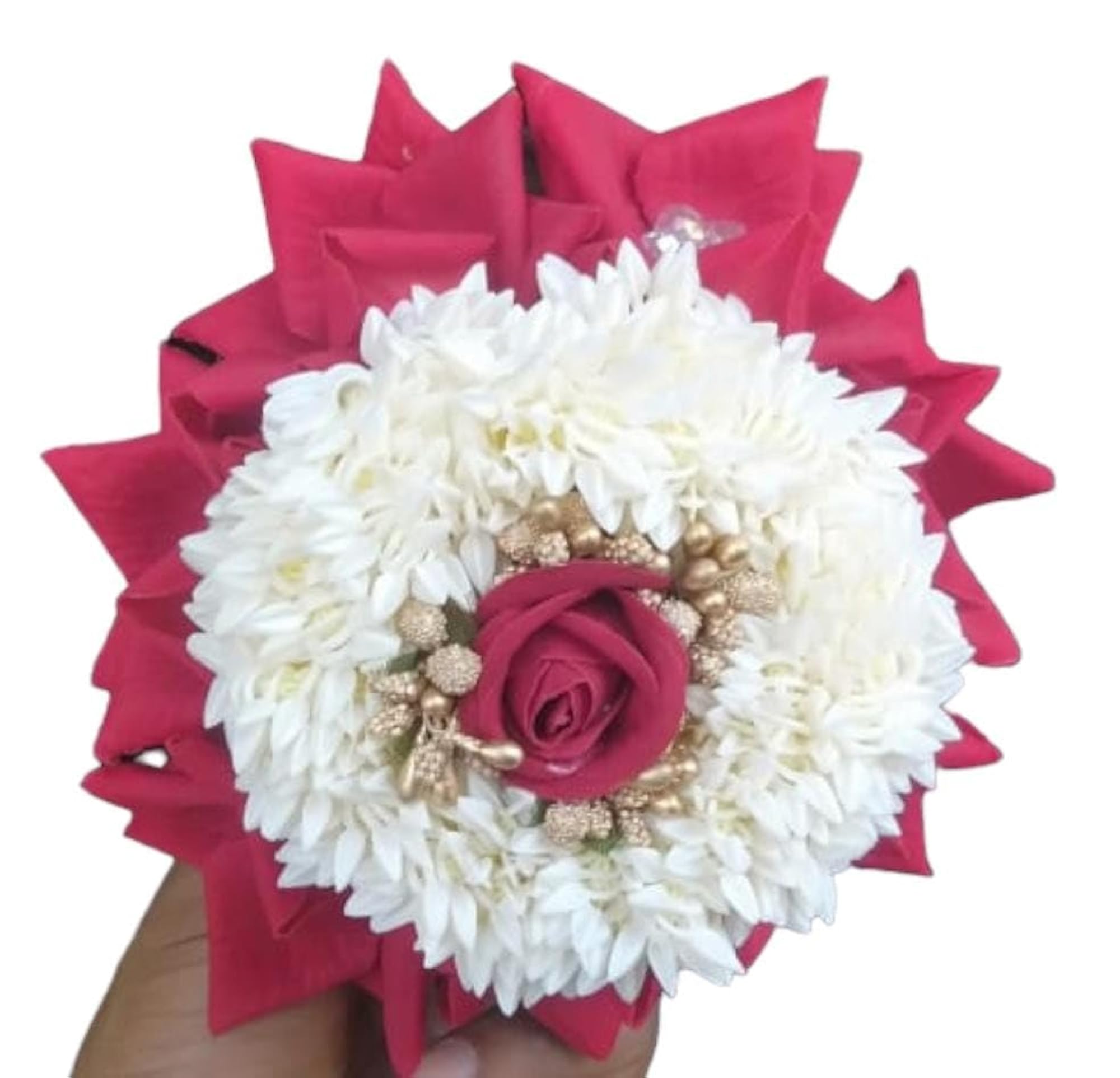 Artificial Bridal Wedding Juda Bun, White and Red with Beads