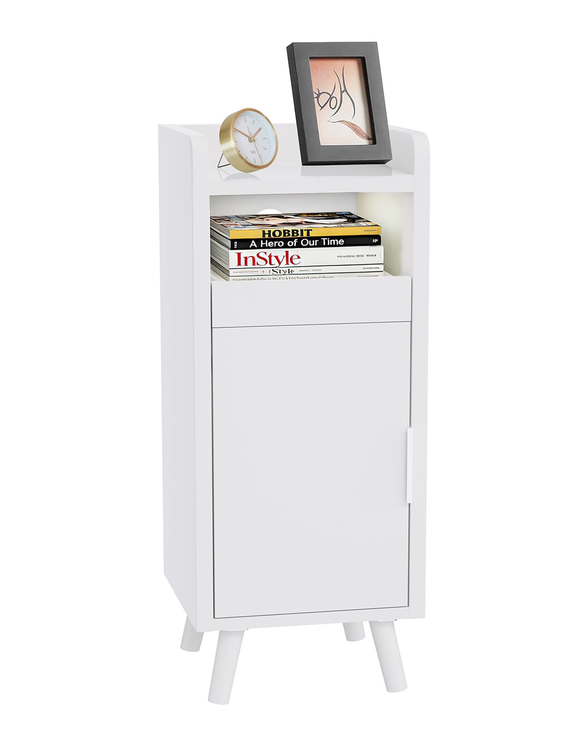 Durecoform 25cm Slim Bedside Table, Narrow Bedside Cabinet with Tray and 1 Door, Nightstand with Smooth Metal Runners, Easy to Assemble, Small Sturdy Modern Cabinet for Bedrooms, Living Rooms (White)