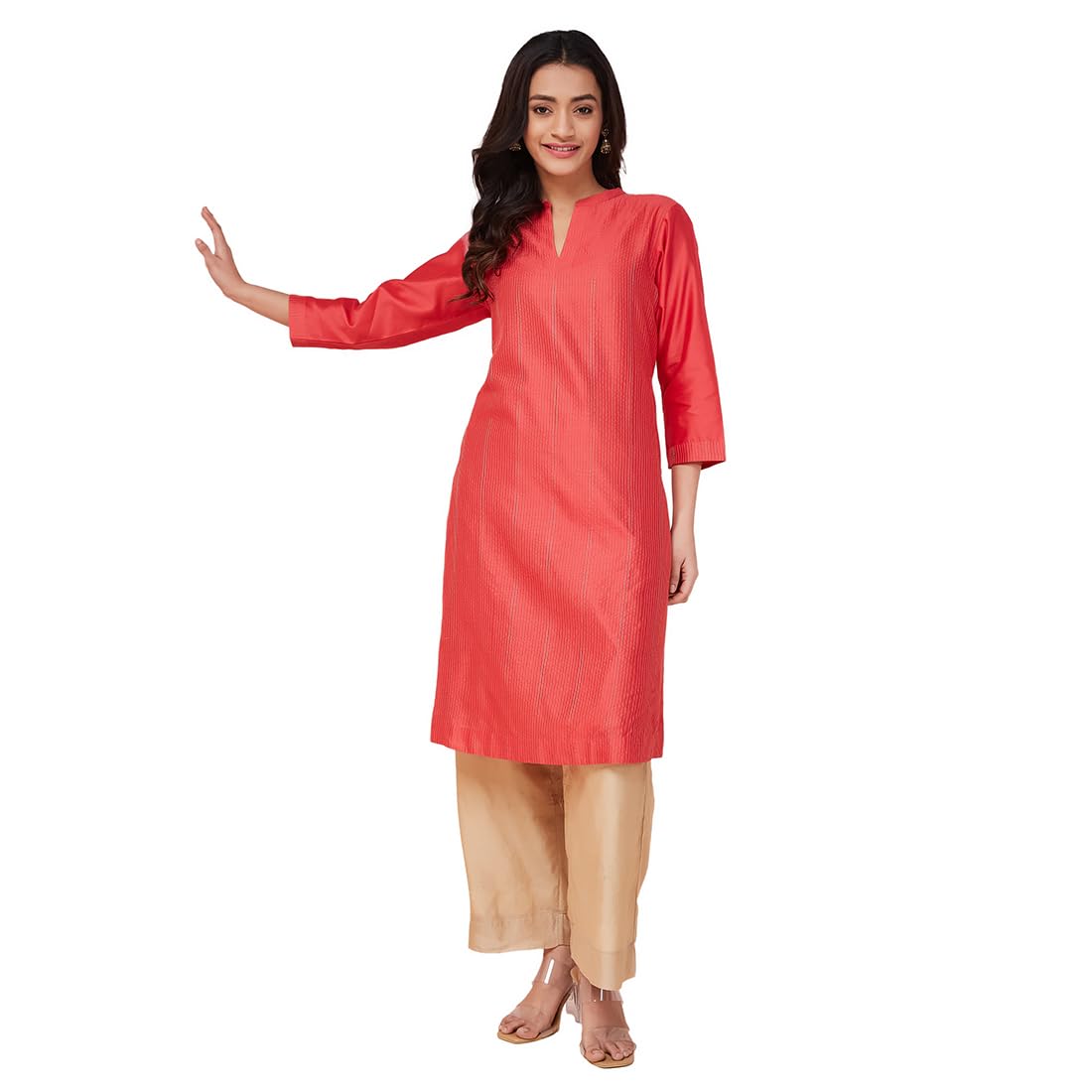 Fabindia Women's Cotton Silk Striped Regular Kurta (1035817Carrot_Carrot Pink