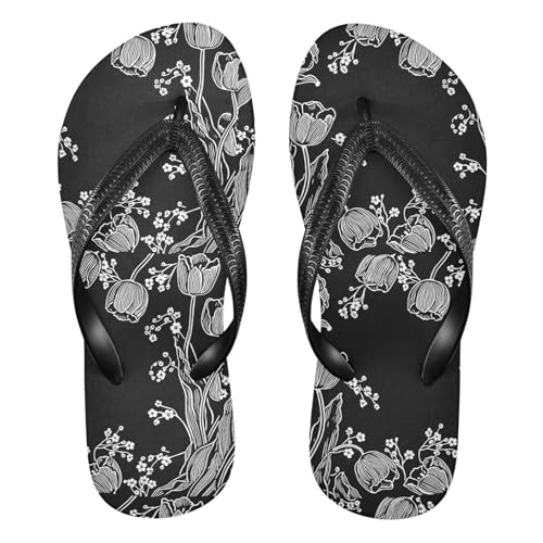 Tulips Flower Black Flip Flops for Beach Thong Sandals Anti-slip Lightweight Shower Shoes for Indoor Outdoor House