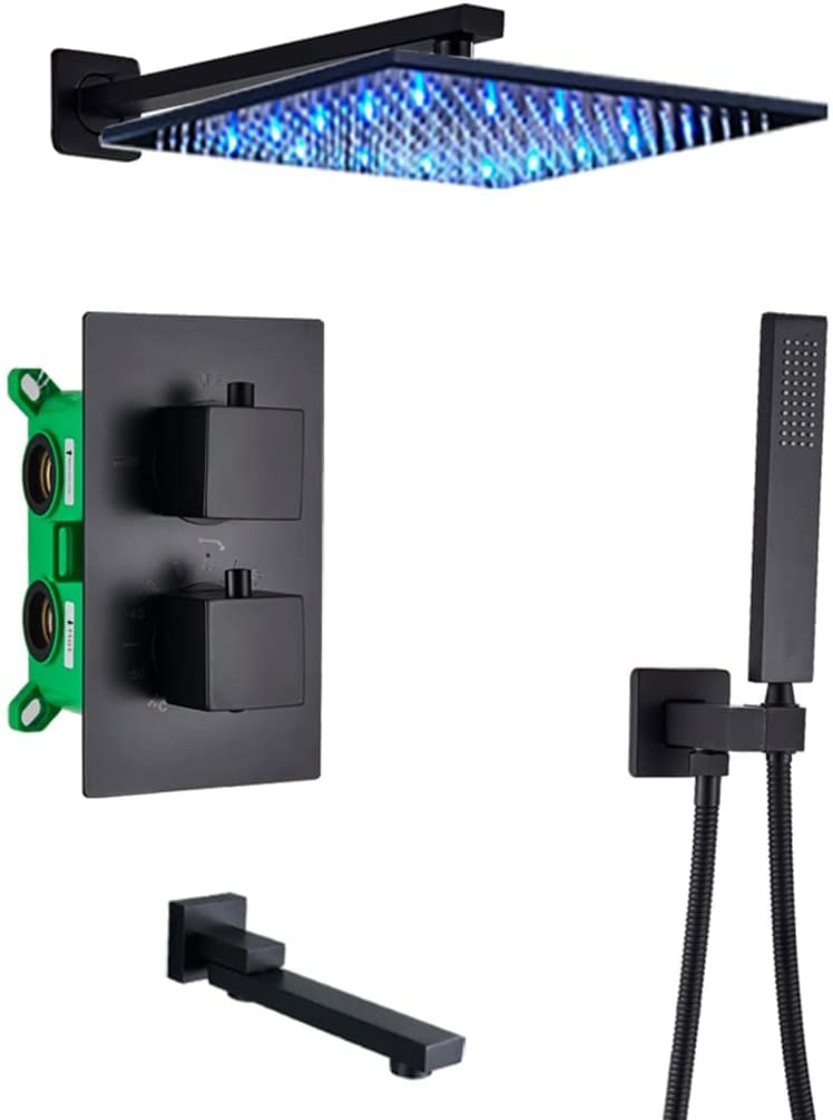 OZBMA Shower Set Concealed System LED Thermostatic Faucet Matte Black Anti Scald with Hand and Rainfall Head Advanced Air Injection Technology Wall Mounte