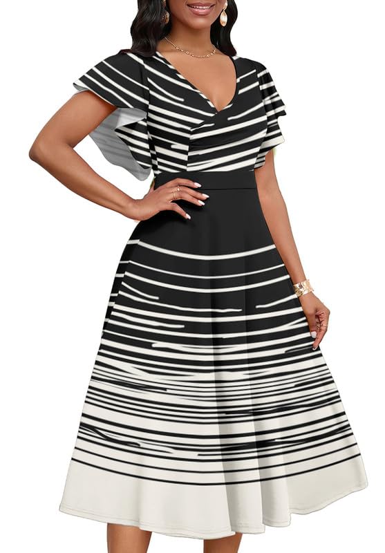 Image of MarryUP Women's Cocktail Midi Dress Elegant V Neck Ruffle Short Sleeve Wrap Wedding Guest Semi Formal A Line Dress