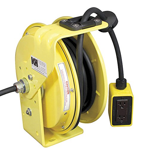 RTB Series ReelTuff Industrial Grade Retractable Power Cord Reel with Black Cable, 12/3 SJOW Cable Prewired with Four Receptacle Outlet Box, 20 Amp, 25' Length, Yellow Powder Coat Finish image 2