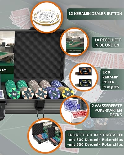 Bullets Playing Cards, Pokerkoffer Paulie, Pokerset mit 500 Keramik Pokerchips mit aufgedruckten Werten, inkl. Doppelpack Pokerkarten und Keramik Pokerplaques