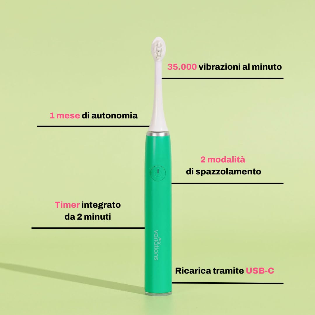 My Variations ® - Spazzolino da denti elettrico per bambini - Tecnologia sonica - 1 mese di autonomia - Ricaricabile - Consigliato dai dentisti - 2 modalità - Timer 2 min integrato - 3-12 anni - Verde